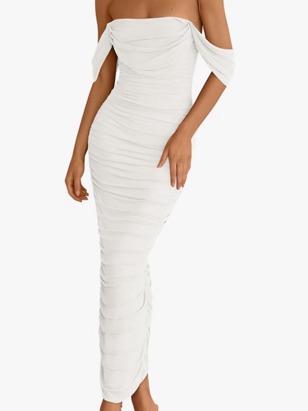 Elegant Off The Shoulder Ruched White Maxi Dress